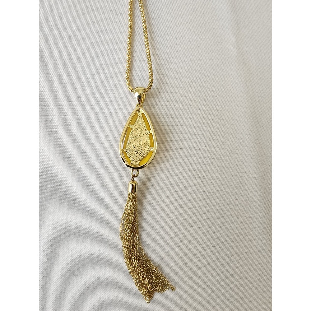 Gold Tone Long Popcorn Chain Yellow Cat's Eye Teardrop Tassel Pendant Necklace - Picture 3 of 7